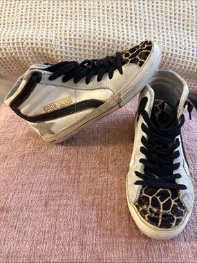 Golden Goose Hi-Top Sneakers in White, Black & Brown Cheetah Print